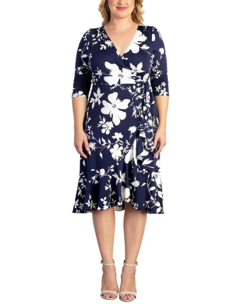 Plus Size Flirty Flounce Midi Wrap Dress with 3/4 Sleeves