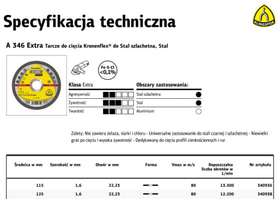 KLINGSPOR TARCZA DO CIĘCIA METALU 125mm x 1,6mm x 22,2mm A346 EX