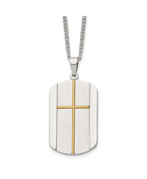 Brushed Yellow IP-plated Cross Dog Tag Curb Chain Necklace