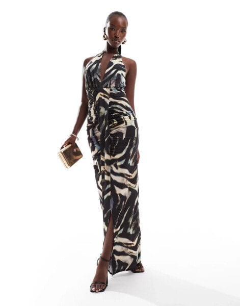 Flounce London halterneck maxi dress in zebra print