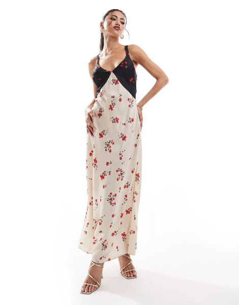 French Connection satin midi dress in mixed print with lace insert in cream and black