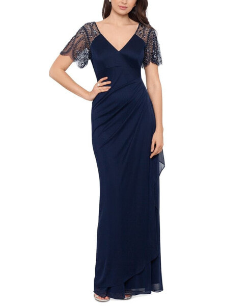 Beaded-Sleeve Gown