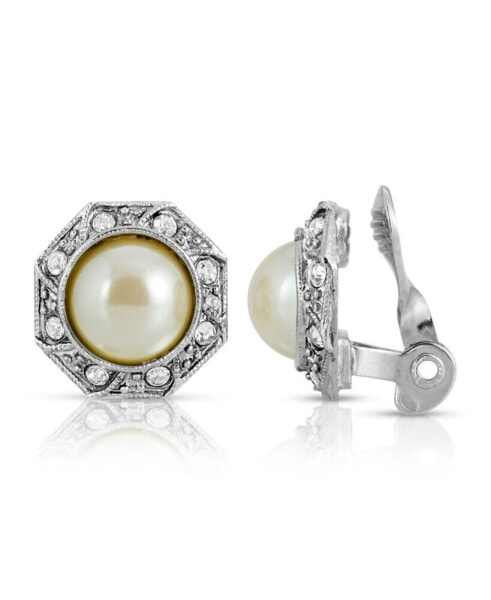 Gold Tone Imitation Pearl Crystal Round Button Clip Earring