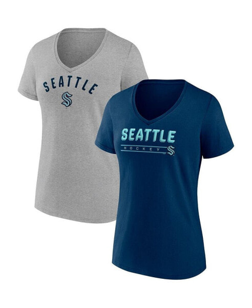 Women's Deep Sea Blue, Gray Seattle Kraken Parent 2-Pack V-Neck T-shirt Set