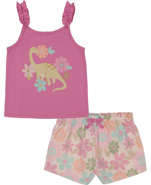 Baby Girls 2-Pc. Dinosaur Graphic Tank & Floral French Terry Shorts Set