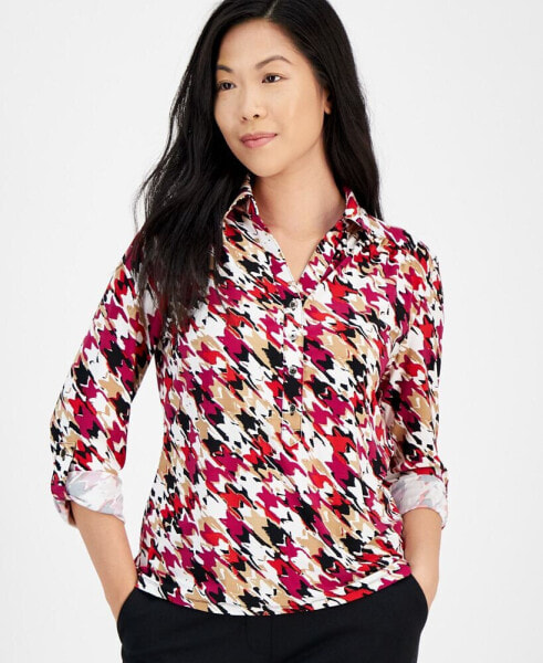 Petite Printed 3/4-Sleeve Collared Top