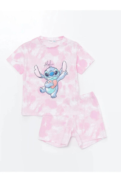 AYMİRA STORE TARAFINDAN GÖNDERİLECEKTİR !! Stitch Baskılı Kısa Kollu Kız Çocuk Şortlu Pijama Takımı