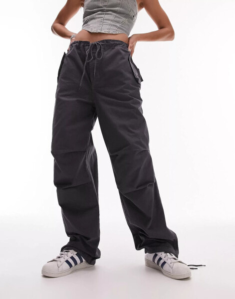 Topshop super oversized cotton parachute cargo pants in charcoal