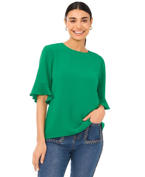 Women's Ruffled Cuff 3/4-Sleeve Crew Neck Blouse