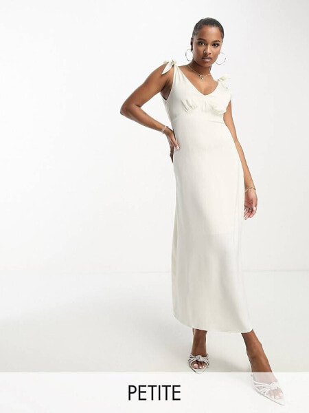 Vila Petite Bridal satin tie shoulder cami maxi dress in cream