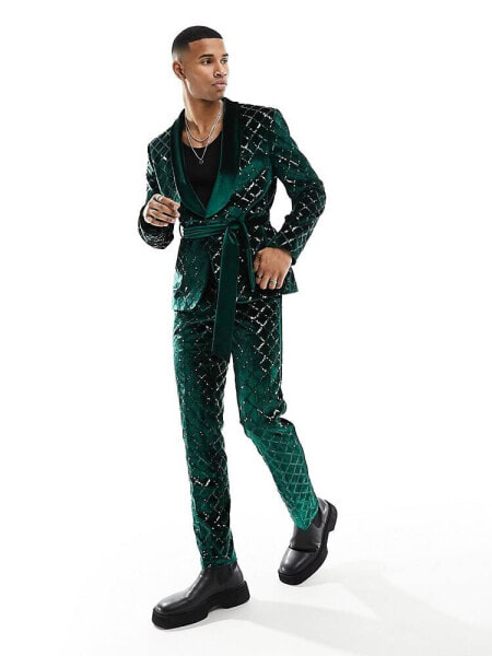 ASOS DESIGN skinny diamond sequin suit trouser in dark green