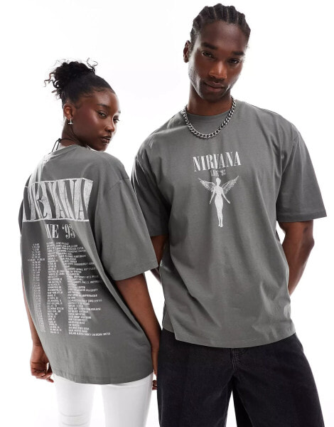 ASOS DESIGN – Band-T-Shirt in Grau mit Oversize- und Unisex-Schnitt sowie lizenziertem „Nirvana“-Tour-Print