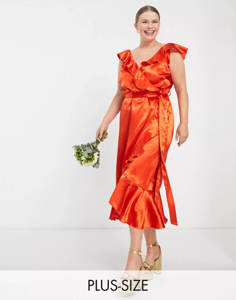 Little Mistress Plus Bridesmaid frill wrap dress in sunset orange