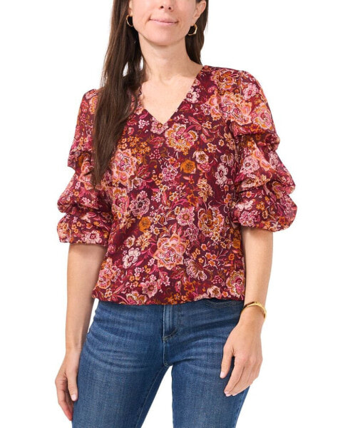 Petite Floral-Print Lantern-Sleeve Top