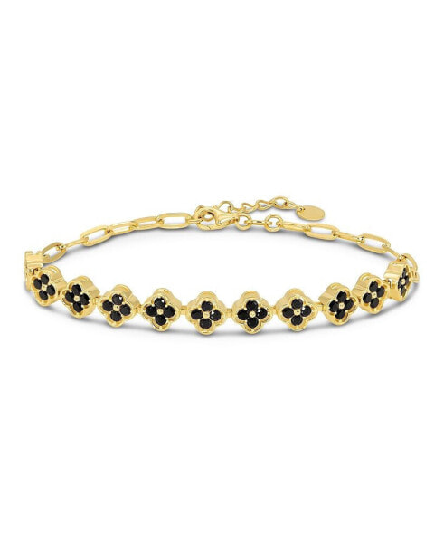 Black Cubic Zirconia Clover Paperclip Chain Bracelet in 14K Gold, 6.5 in adj to 7.5 in, approx. 5.9 grams