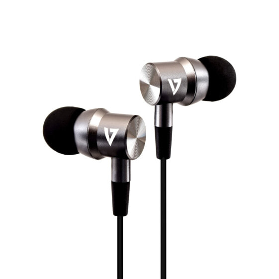 V7 3.5 mm Noise Isolating Stereo Earbuds with In-line Mic - iPad - iPhone - Mp3 - iPod - iPad - Tablets - Smartphone - Laptop Computer - Chromebook - PC - Aluminum - Headset - In-ear - Calls & Music - Silver - Binaural - Play/Pause