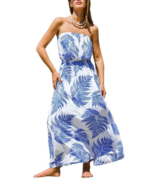 Women's Blue & White Palm Leaf Tube Midi Beach Dress