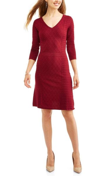 Allison Brittney Fit & Flare Dress Women's Red Cable Panel 3/4 Sleeve V-Neck SML