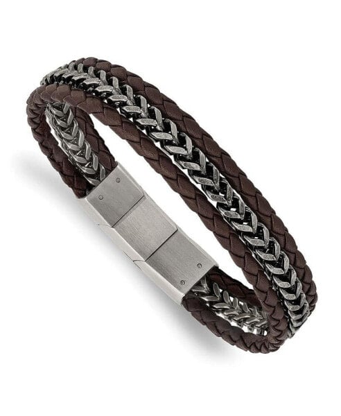 Stainless Steel Brushed Chain Brown Leather Bracelet