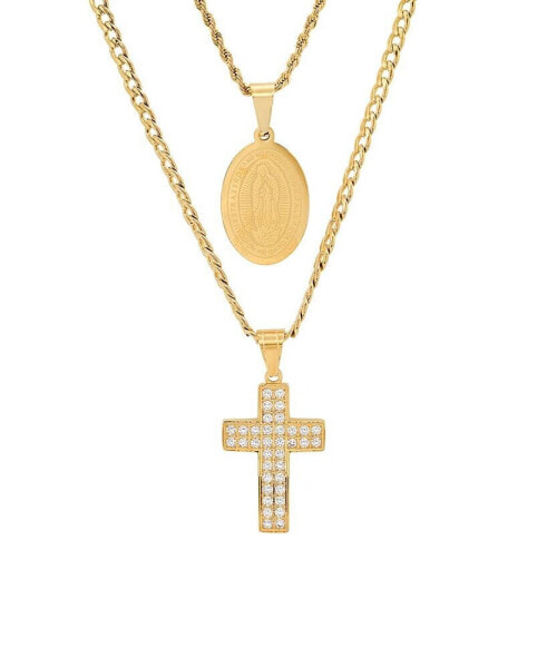 Men's 2 Pieces 18k Gold Plated Stainless Steel and Simulated Diamonds Double Layered Cross and Our Lady of Guadalupe Pendant Set