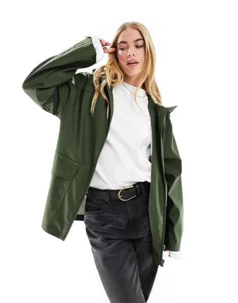 ASOS DESIGN rubberised rain coat in khaki