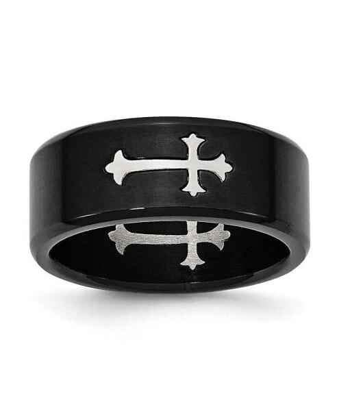 Stainless Steel Brushed Black IP-plated Cross 9mm Band Ring