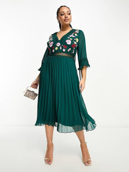 ASOS DESIGN Curve lace insert pleated midi dress with embroidery in forest green