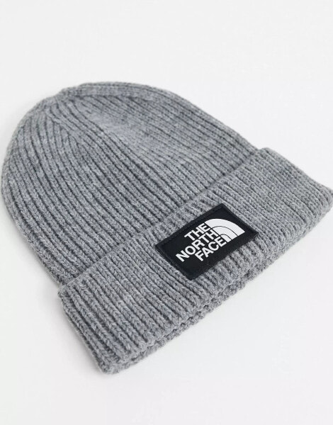 The North Face Logo patch cuffed beanie in grey