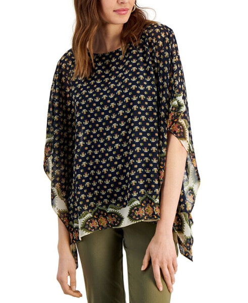 Petite Geometric Split Border Print Poncho Top, Created for Macy's