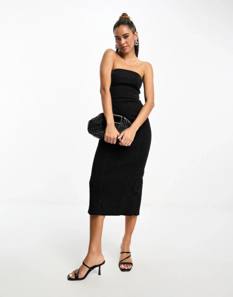 ASOS DESIGN denim bandeau midi dress in washed black