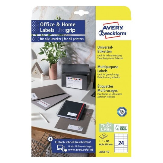 Avery Zweckform Avery 3658-10 - White - Rectangle - Permanent - 64.6 x 33.8 mm - A4 - Paper