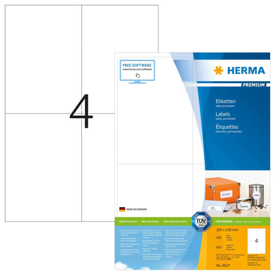 HERMA Labels Premium A4 105x148 mm white paper matt 800 pcs. - White - Rectangle - Permanent - Paper - Matte - Laser/Inkjet