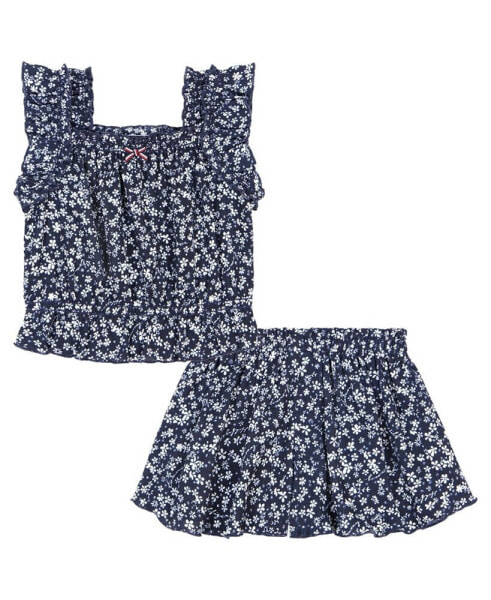Little Girls Ditsy Floral Stretch Crinkle Shorts, 2 Piece Set