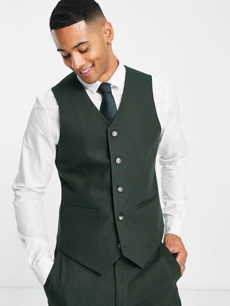 ASOS DESIGN wedding skinny wool mix suit waistcoat in dark green basketweave texture