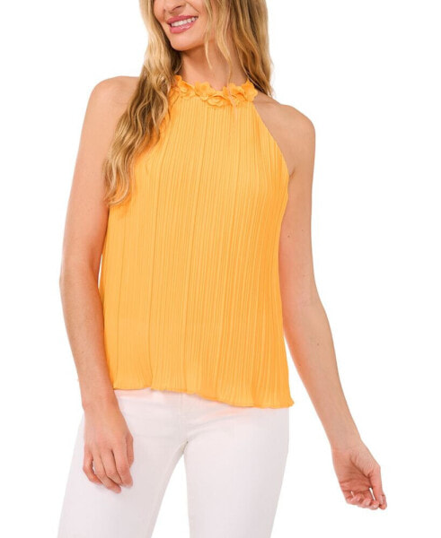 Women's Pleated Halter Neck Top with Floral Collar
