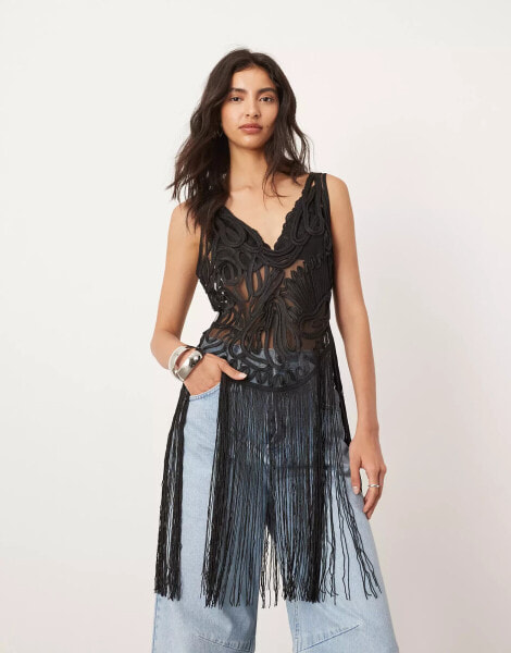 ASOS EDITION embroidered satin cornelli crop top with fringe hem in black