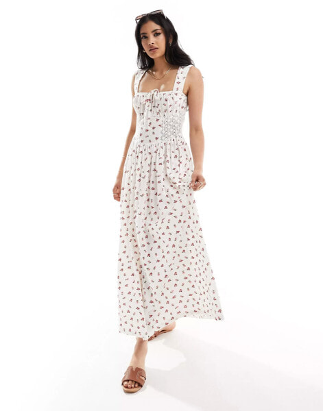 ASOS DESIGN square neck ruched bust maxi dress with lace inserts in rose print