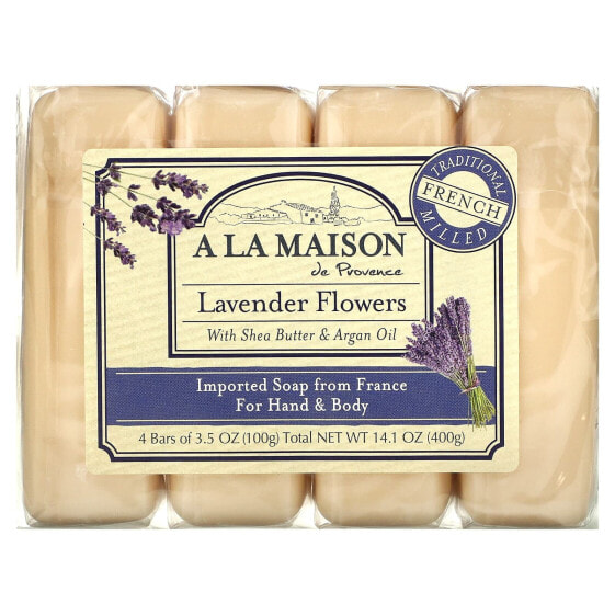 Hand & Body Bar Soap, Lavender Flowers, 4 Bars, 3.5 oz (100 g) Each