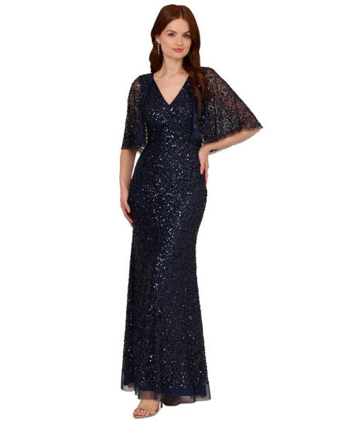 Women's Sequin Mesh Capelet-Sleeve Gown