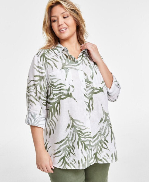 Plus Size Printed 100% Linen Button-Front Shirt, Created for Macy's