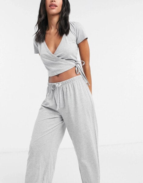 ASOS DESIGN mix & match wrap front jersey pyjama top in grey marl