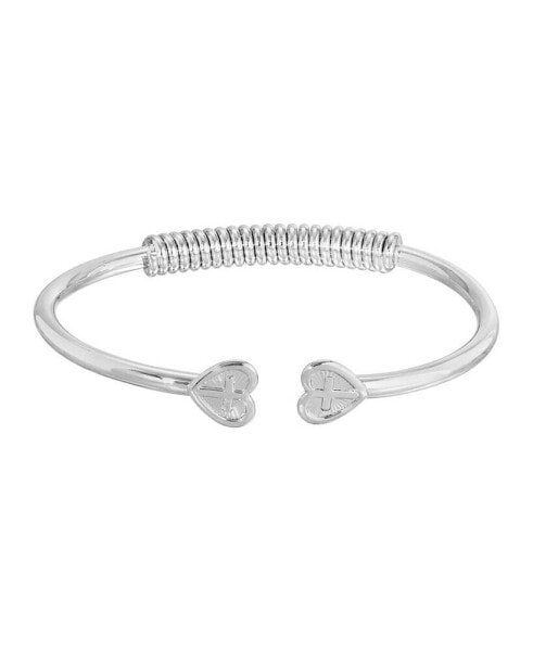 Silver-Tone Heart Cross Coil Spring C-Cuff Bracelet