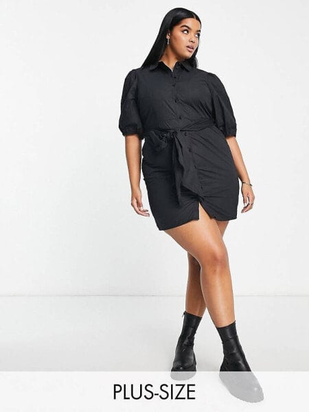 River Island Plus poplin mini shirt dress in black