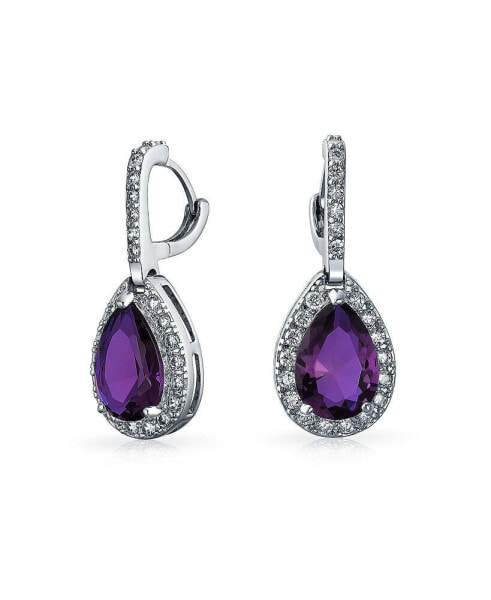 7CT Halo Purple Cubic Zirconia CZ Formal Huggie Snap Hinge Dangle Drop Teardrop Earrings smaid Rhodium Plated