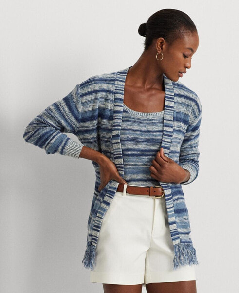 Petite Striped Fringe-Trim Cardigan