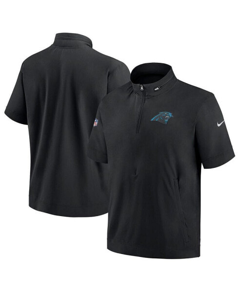 Men's Black Carolina Panthers Sideline Coach Short Sleeve Hoodie Quarter-Zip Jacket