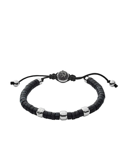 Men's Stainless-Steel and Black Line Agate Bead Bracelet