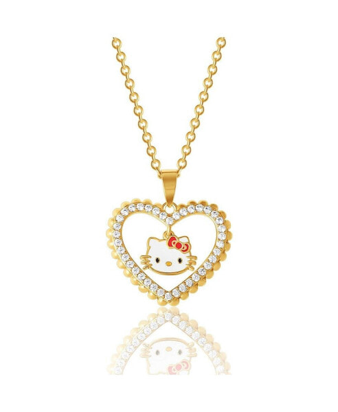 Sanrio Brass Yellow Gold Plated Heart Cubic Zirconia Outlined Necklace with Dangle, Authentic Officially Licensed