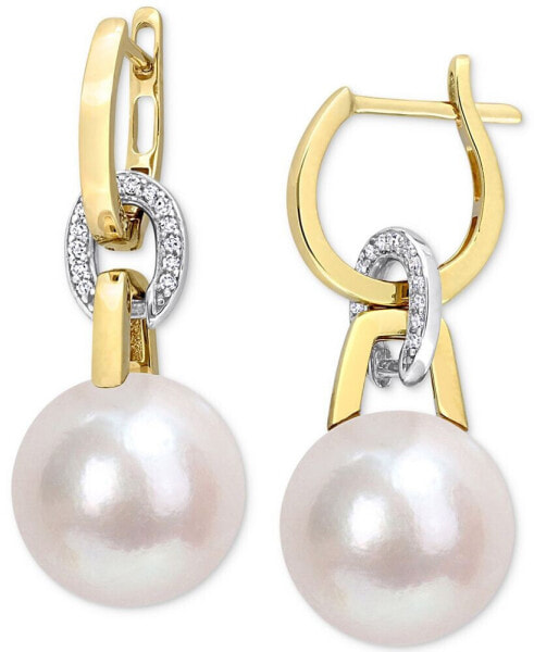 Cultured South Sea Pearl (11mm) & Diamond (1/10 ct. t.w.) Linked Huggie Hoop Earrings in 14k Gold & White Gold