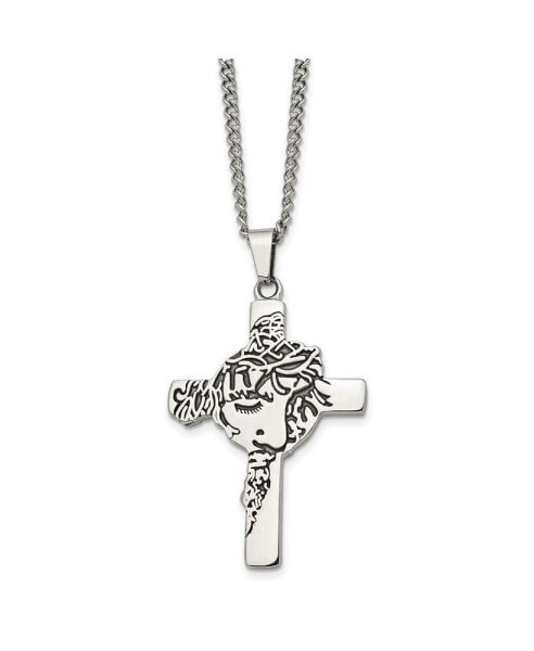 Chisel antiqued Jesus Face Cross Pendant Curb Chain Necklace